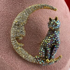 Anthropologie Moon Cat Crystal Gold Brooch